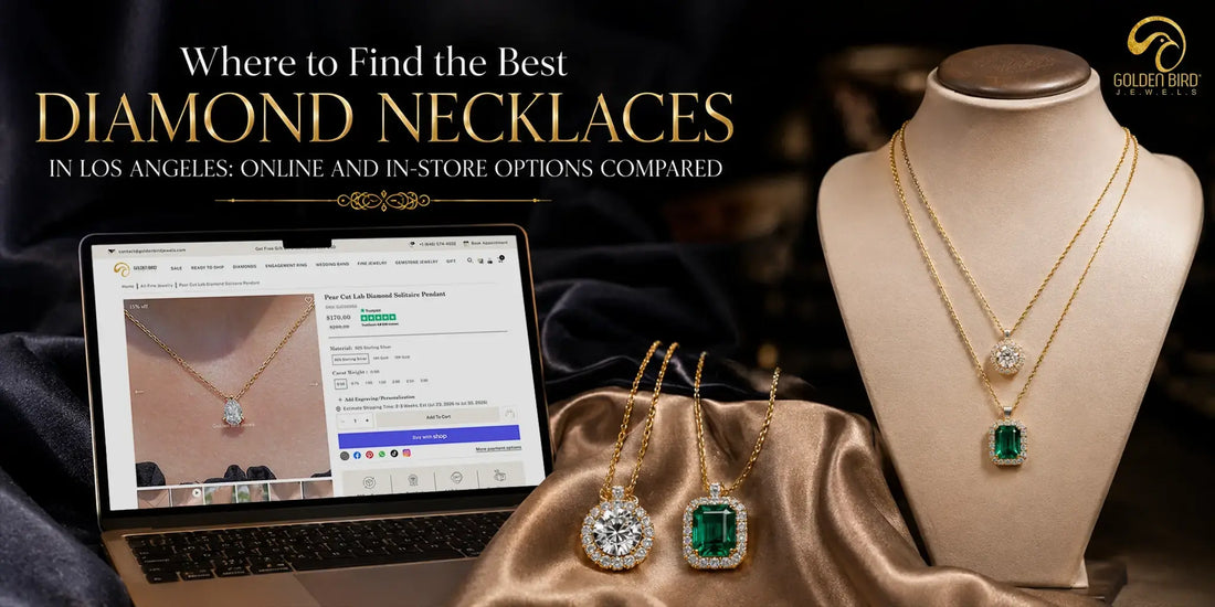 Close-up of diamond pendant necklaces displayed with an online jewellery shopping experience