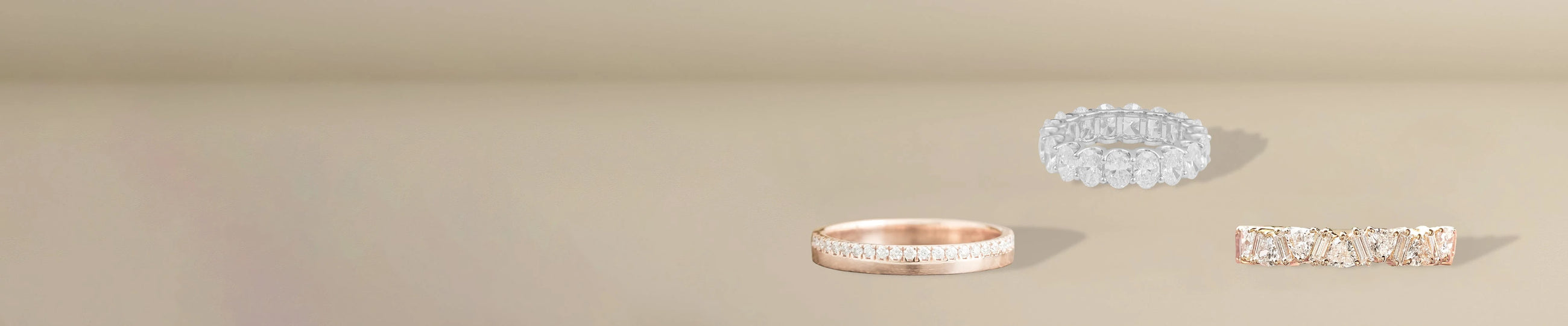 Luxury diamond bands featuring rose gold, baguette cuts, and eternity styles