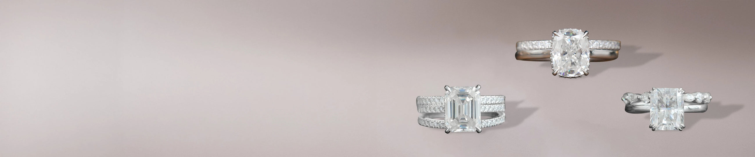 Moissanite bridal ring sets with radiant, emerald, and cushion cuts in elegant designs
