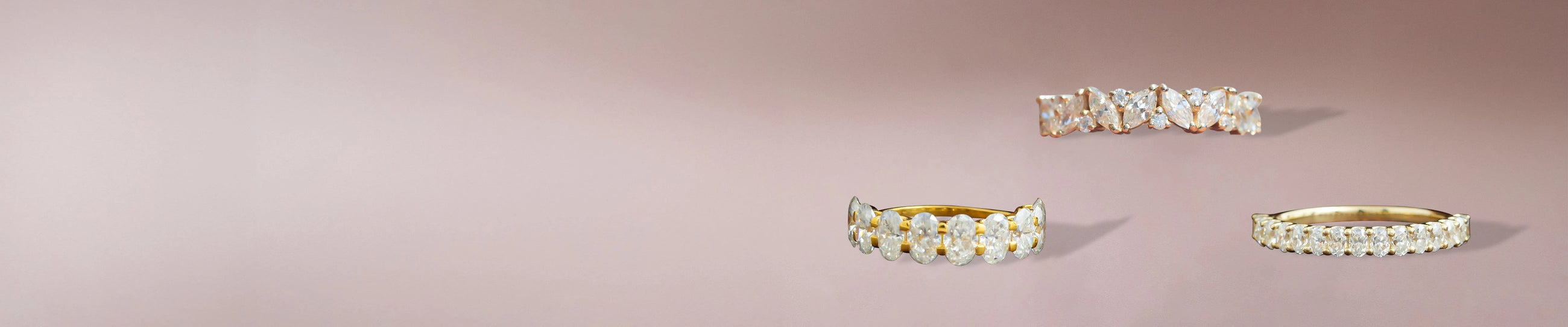 Moissanite eternity bands with White stones in classic round and emerald cut 
