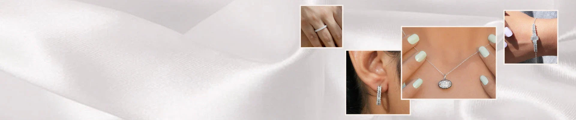 Ready to ship moissanite jewelry including ring, necklace, earrings and bracelet on satin
