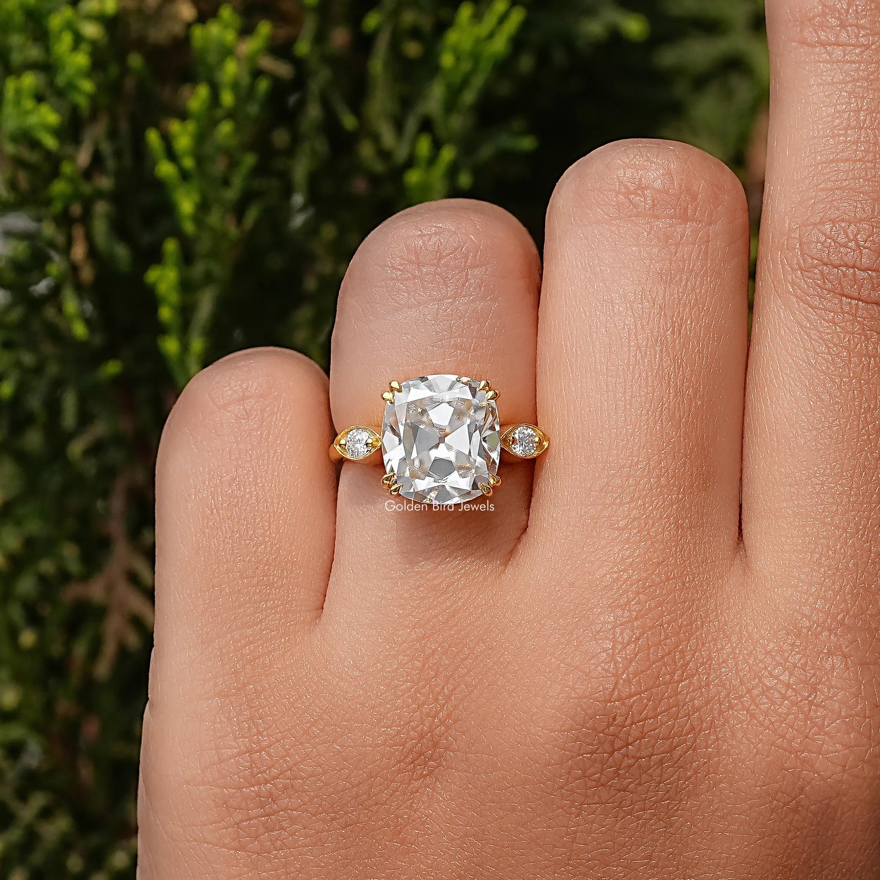 Old Mine Cushion Three Stone Moissanite Ring