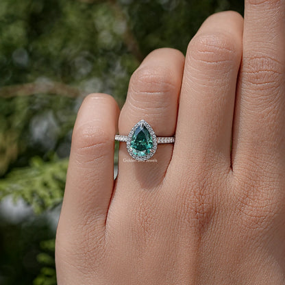 Pear Cut Moissanite Gemstone Accent Halo Ring