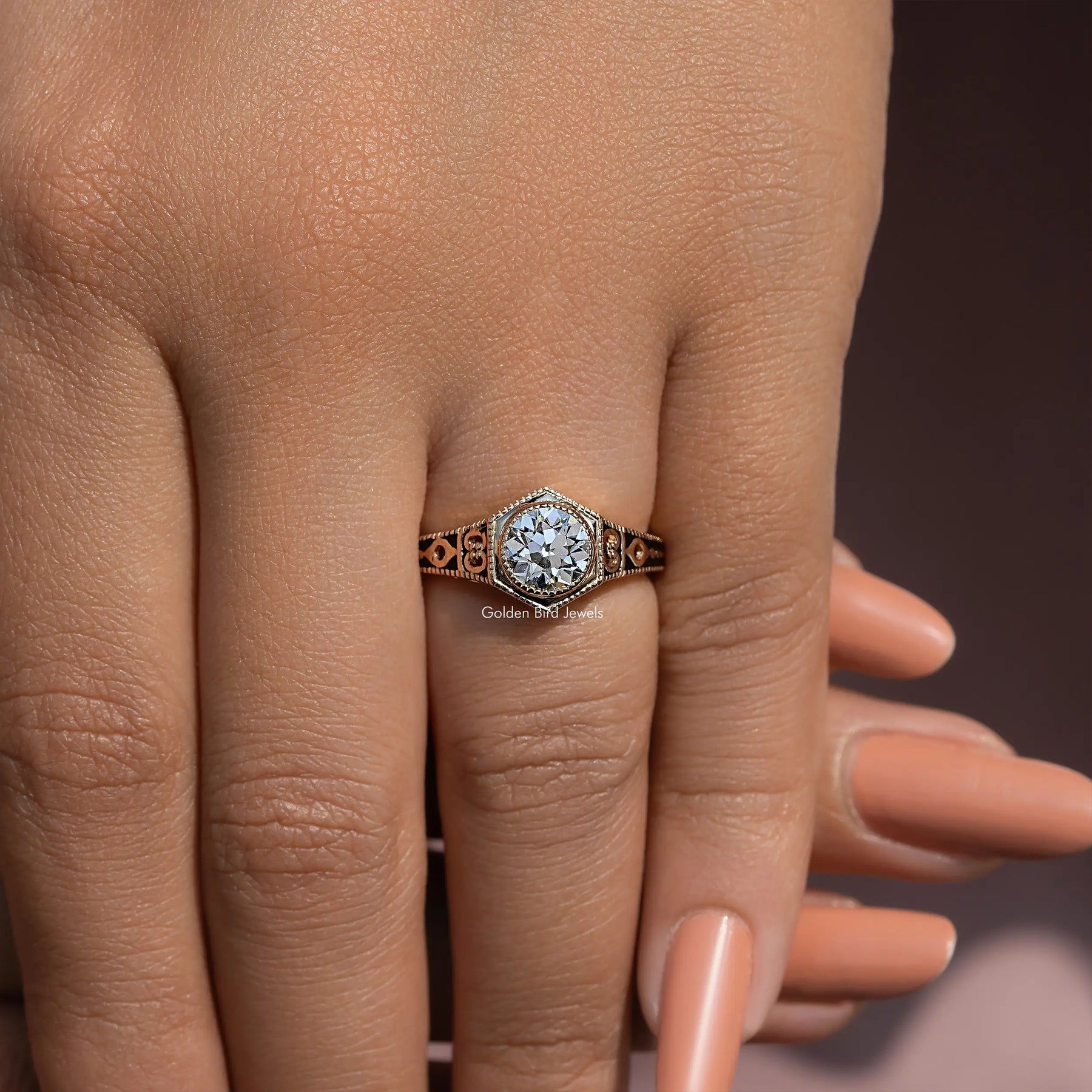 Art Deco Hexagonal Old European Cut Diamond Engagement Ring