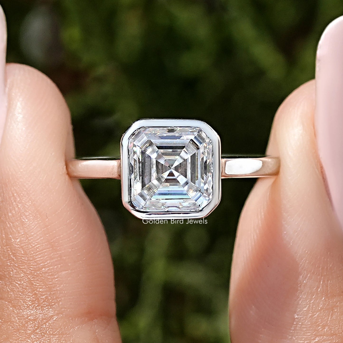 Asscher Cut Moiassnite Diamond Bezel Set Engagement Ring