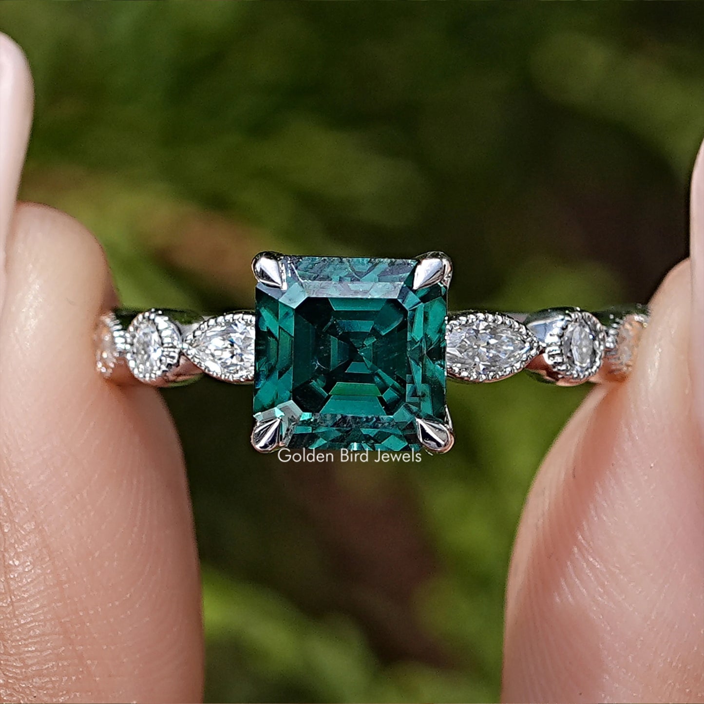 Green Asscher Moissanite Gemstone Engagement Ring