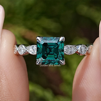 Green Asscher Moissanite Gemstone Engagement Ring