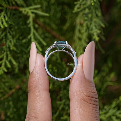 Dark Green Asscher Cut Moissanite Gemstone Wedding Ring