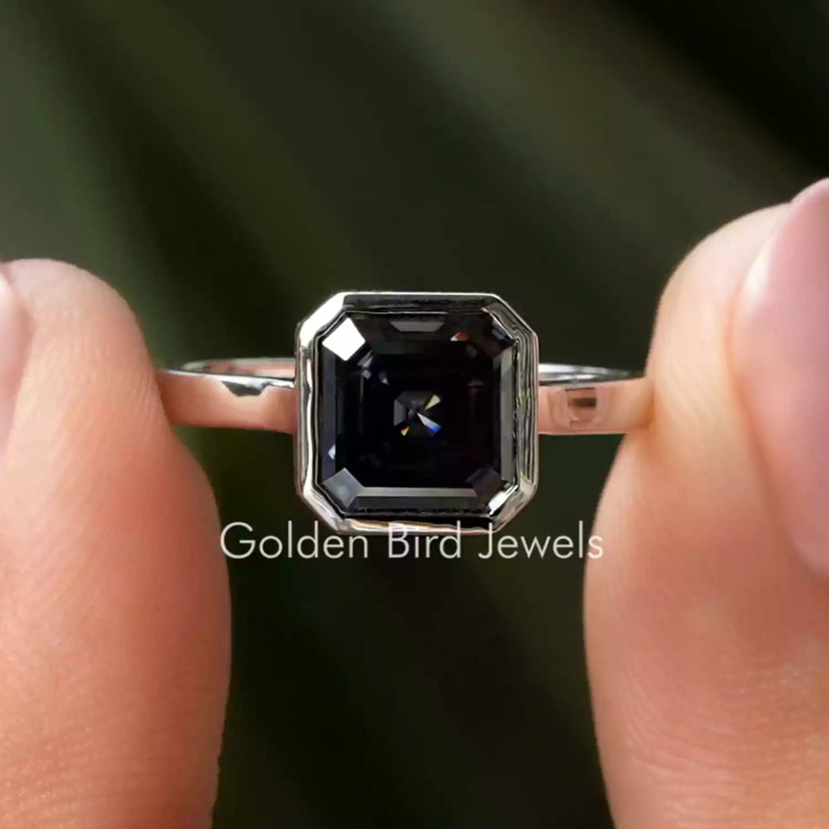 [In two figer front view of dark grey asscher cut engagement ring]-[Golden Bird Jewels]