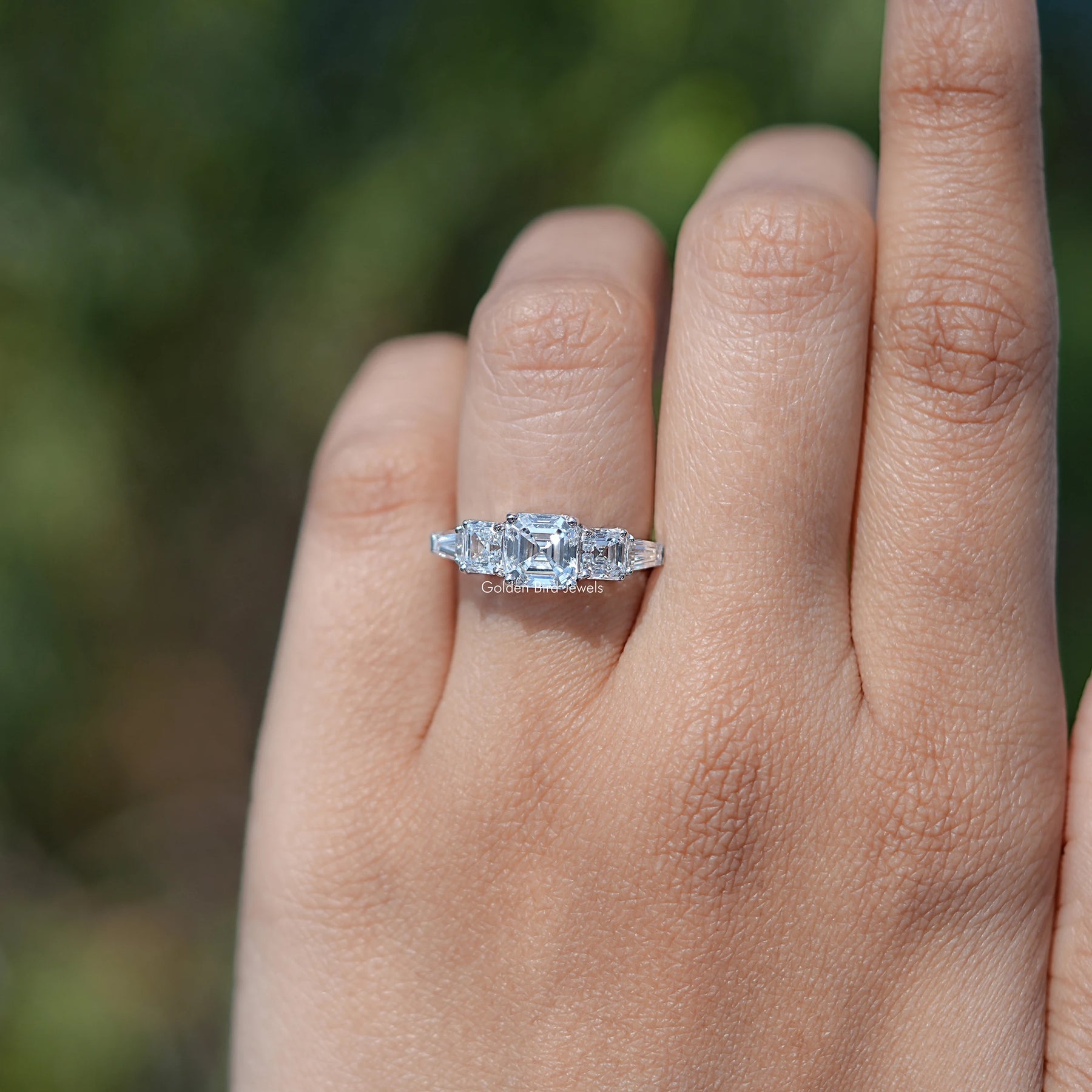 View of Asscher Cut 5 Stone Diamond Rings In White Gold
