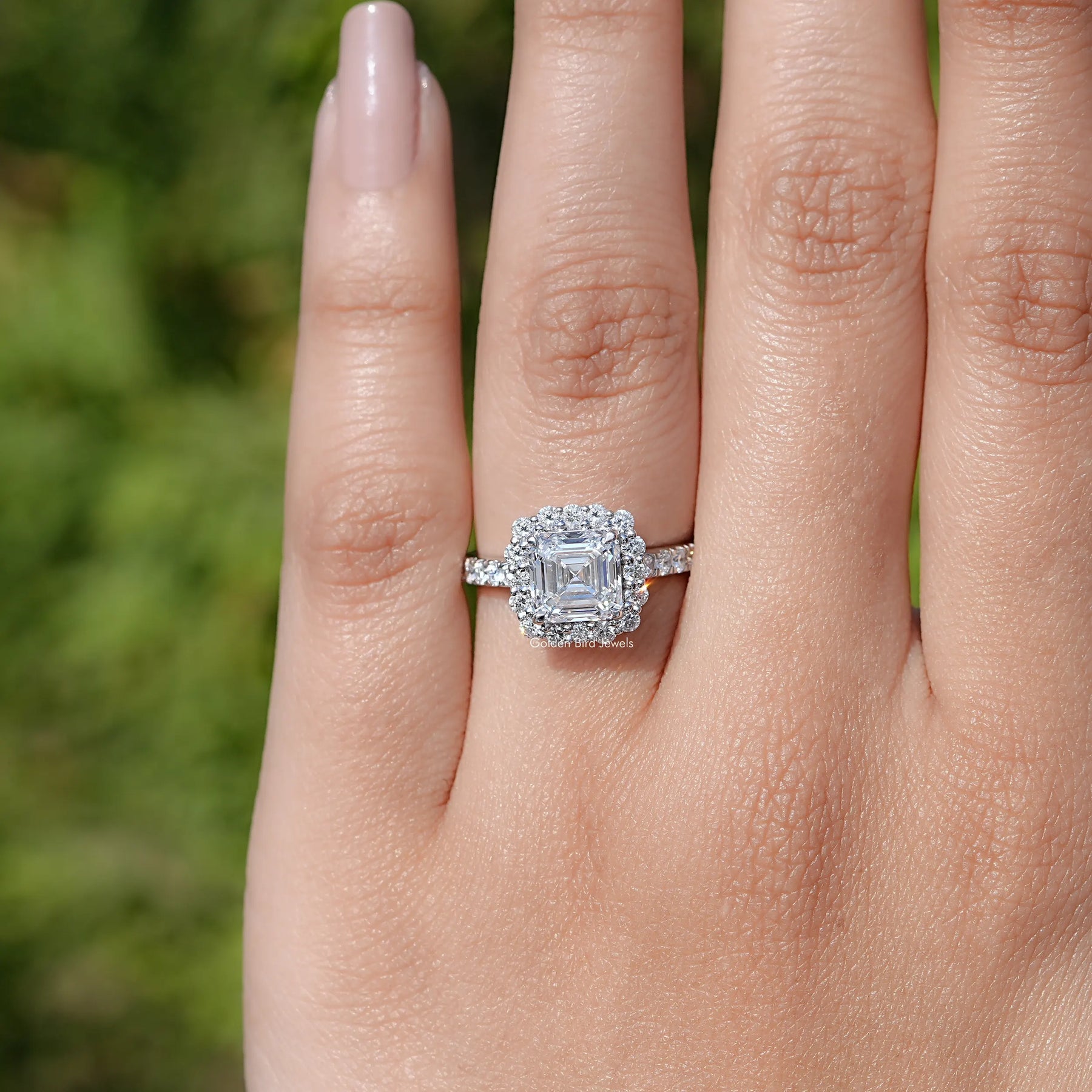 In finger view of Asscher Lab Diamond Engagement Ring 