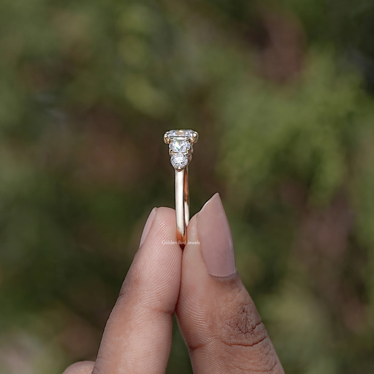 Side View of Asscher Lab Cut Diamond Five Stone Ring