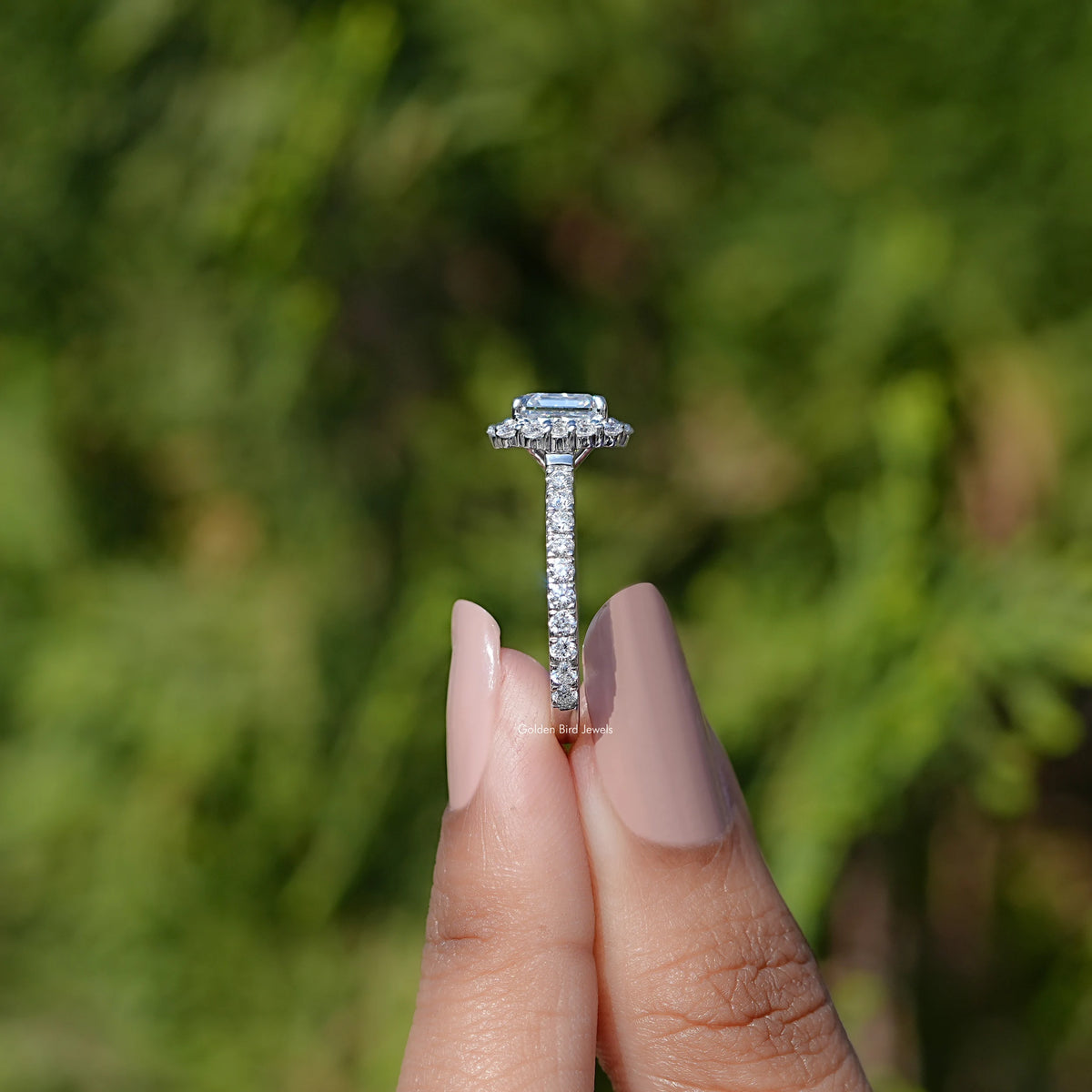 Side View of Asscher Cut Lab Diamond Accent Halo Wedding Ring