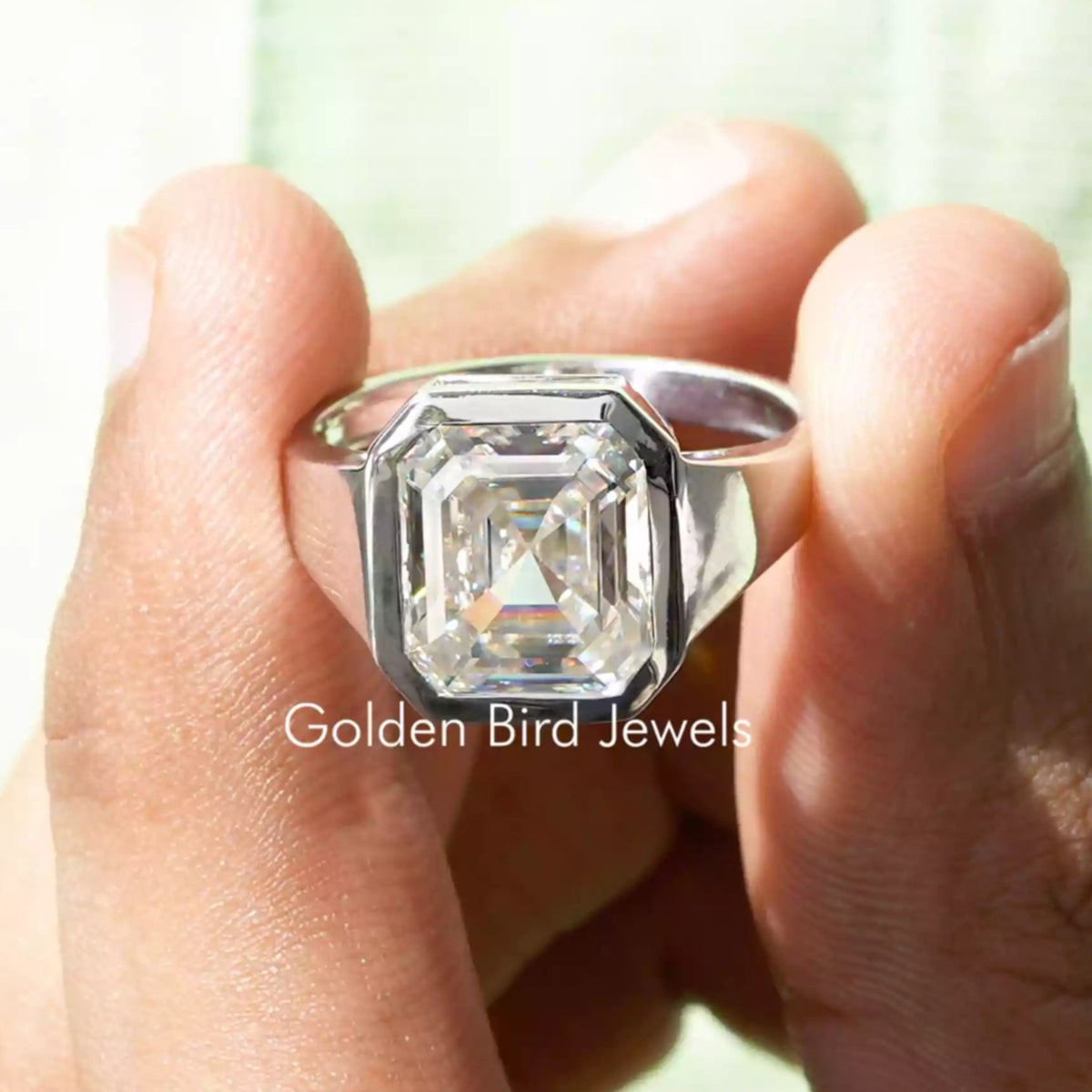 View of Asscher cut moissanite  Men's bezel Ring 