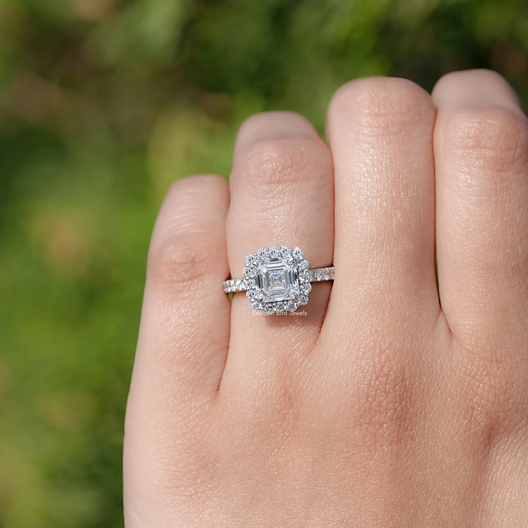Close view of Asscher Cut Accent Halo Wedding Ring   