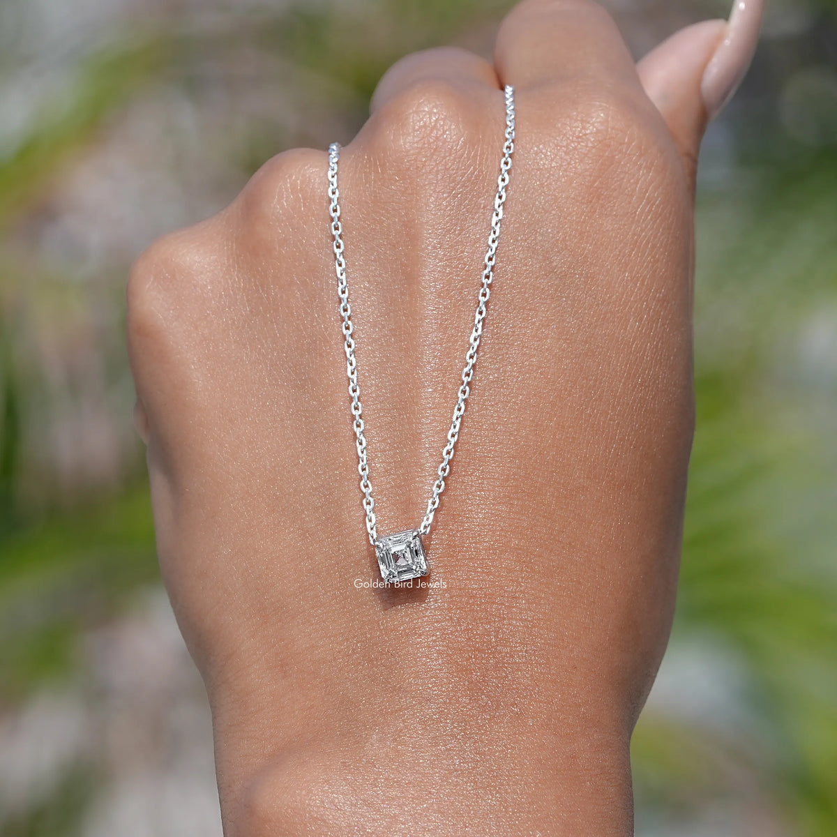 In front view of diamond Asscher Shape pendant