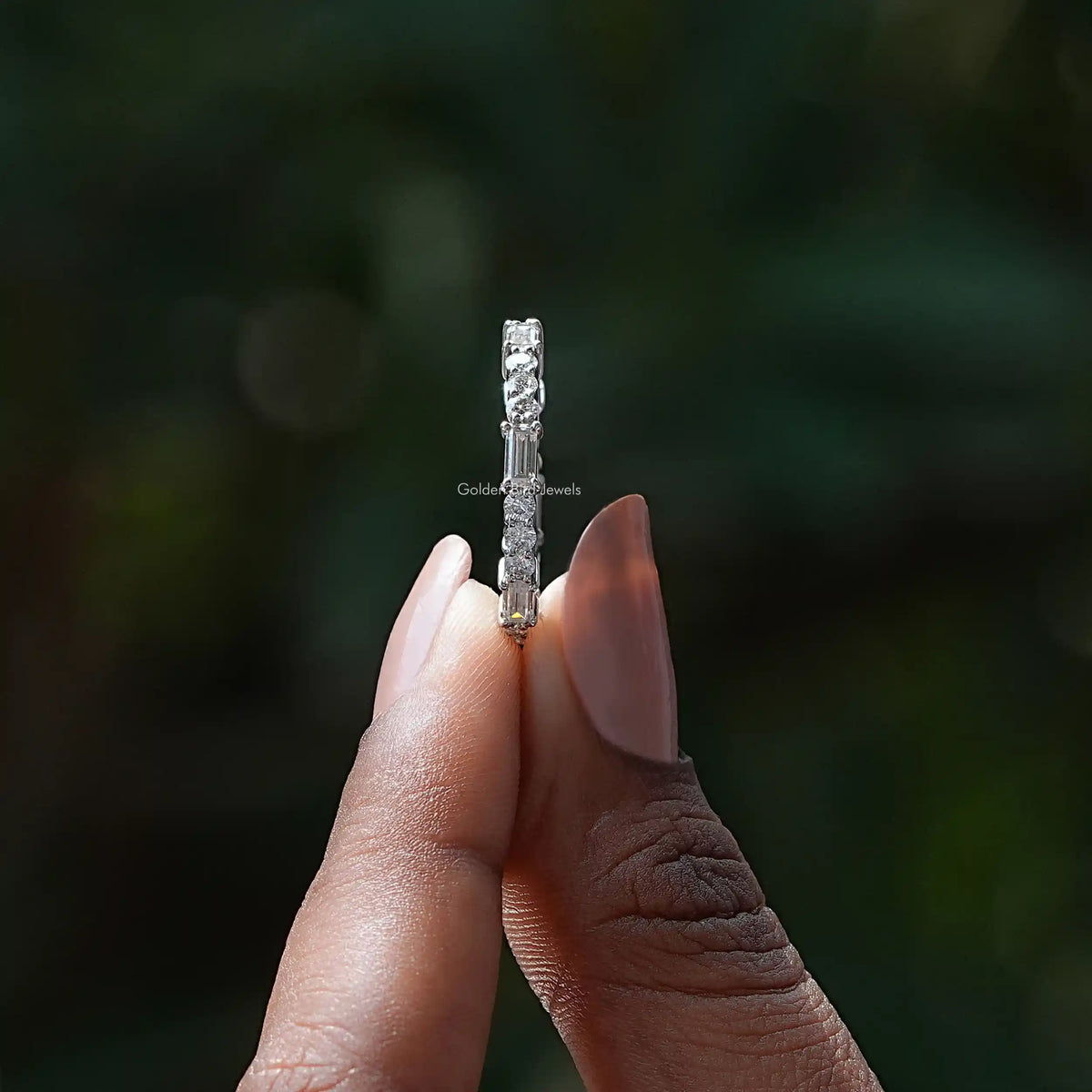 [14K White Gold Round And Baguette Cut Wedding Band]-[Golden Bird Jewels]