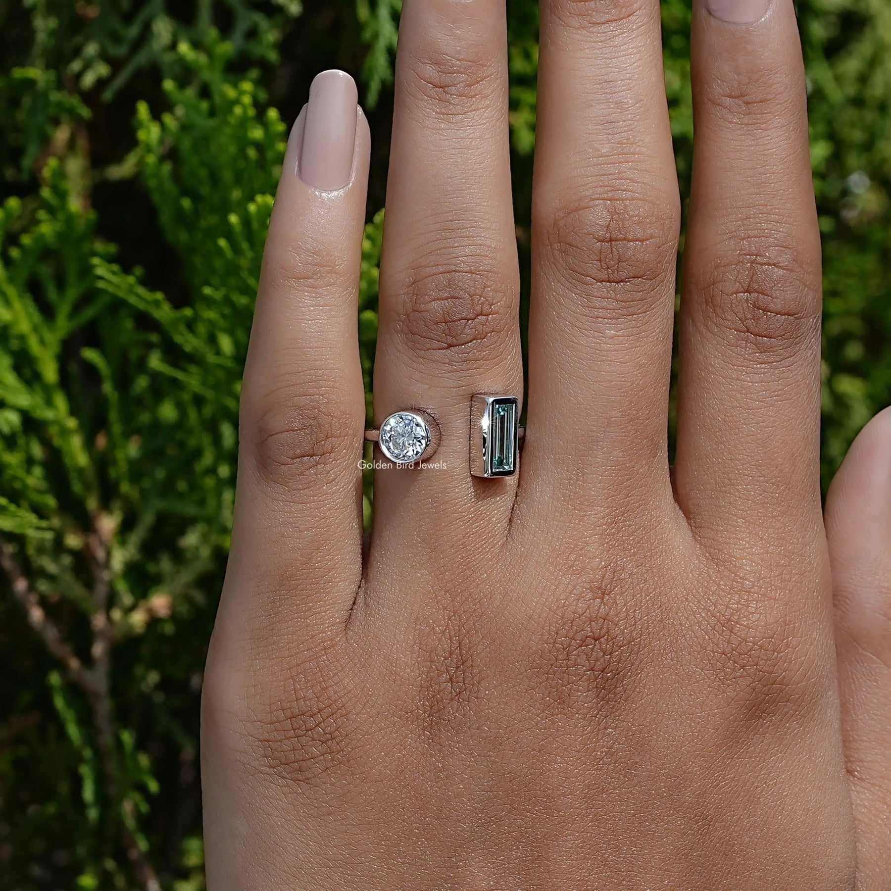 In front view of moissanite baguette cut Ring
