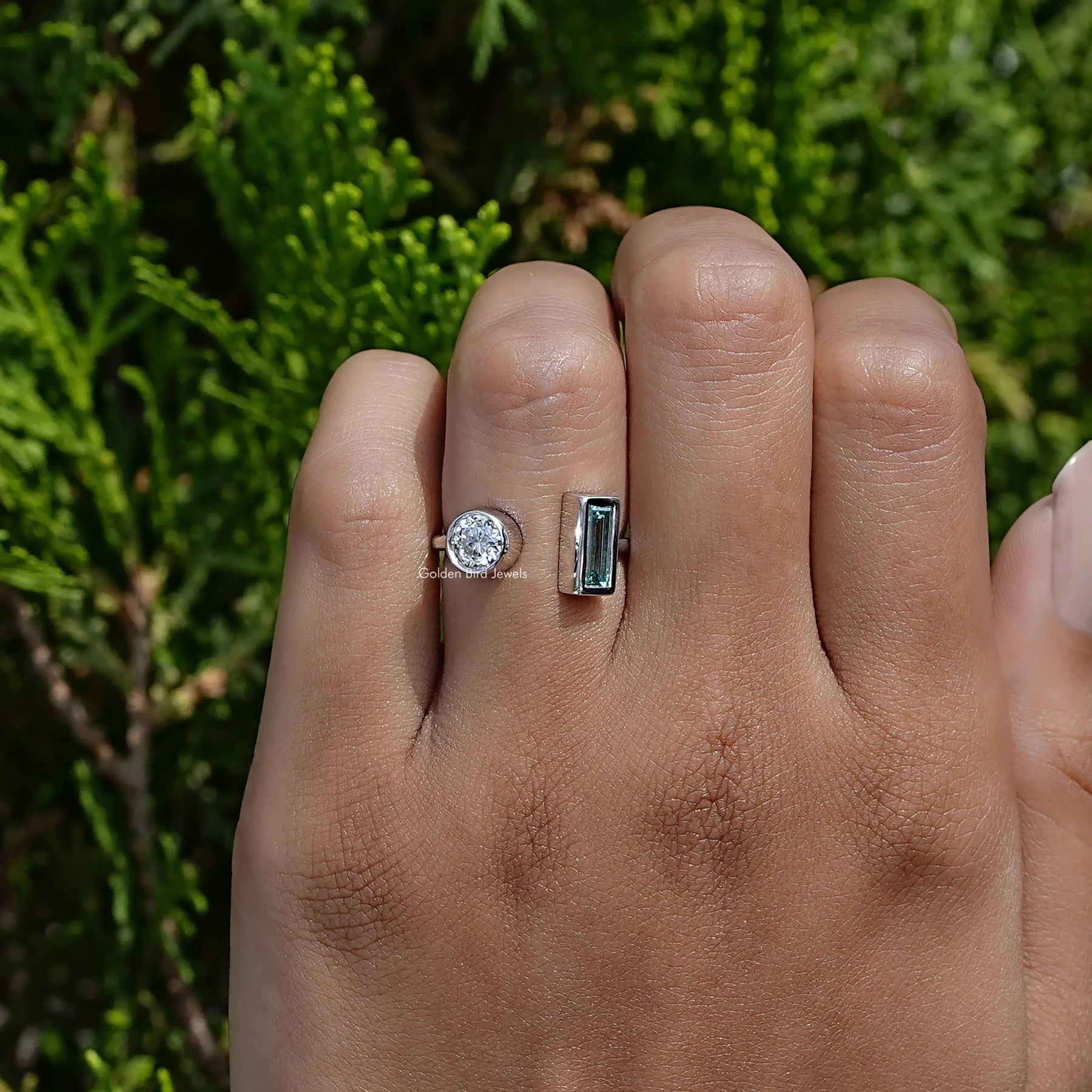 In front view of moissanite baguette cut Ring
