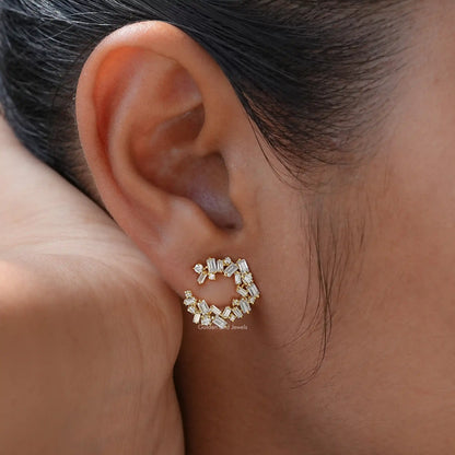 [Moissanite Round And Baguette Cut Earrings]-[Golden Bird Jewels]