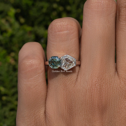 Shield Cut Moissanite Bezel Set Two Stone Ring