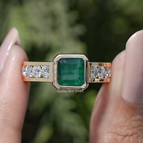 Front view of Bezel Set Asscher Gemstone Accent Engagement Ring	