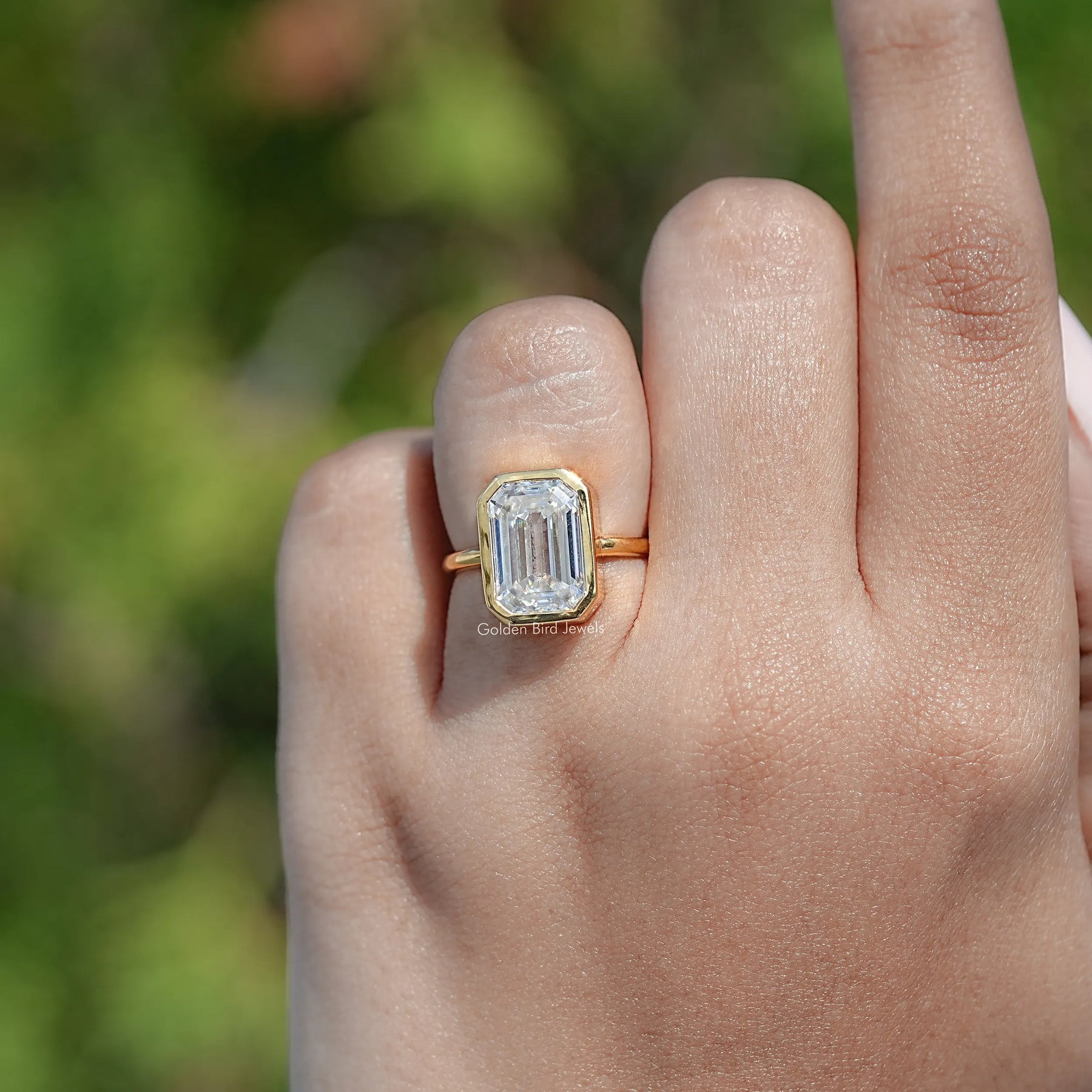 Bezel Set Old Mine Emerald Moissanite Engagement Ring