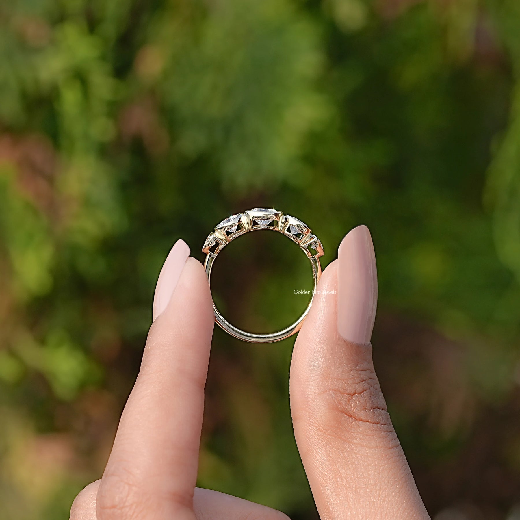 Back View of Bezel Set Round Cut Lab Diamond Ring In two fingers