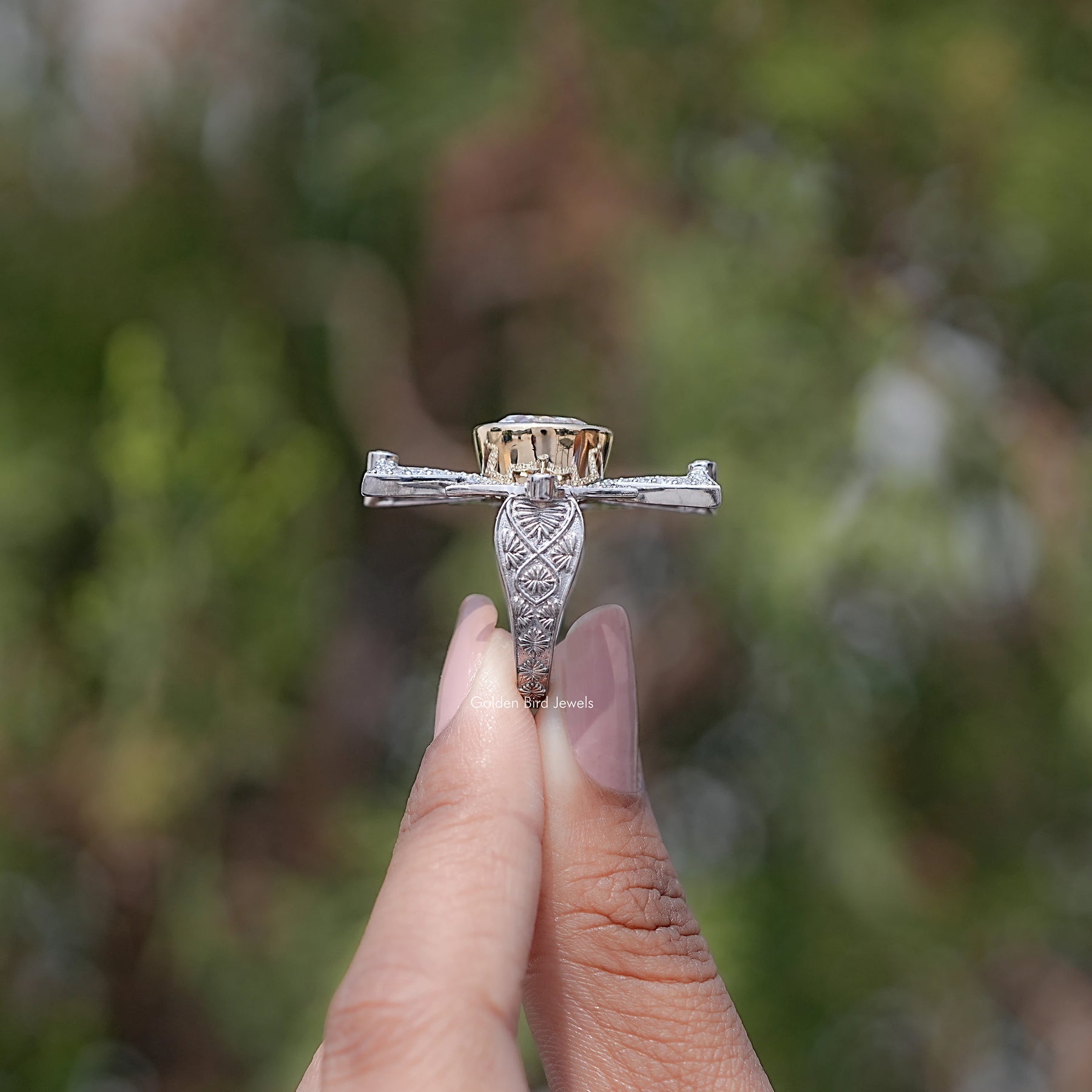 Side View of Bezel Set Round Cut Moissanite Vintage Style Ring
