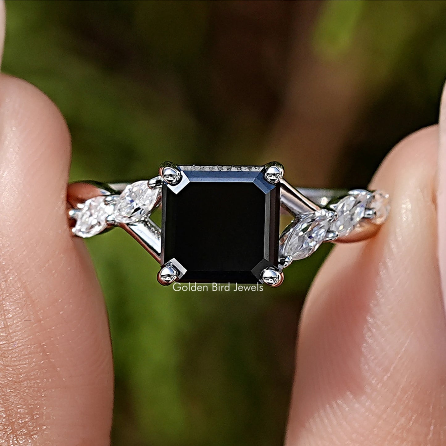 Black Asscher Gemstone Moissanite Engagement Ring