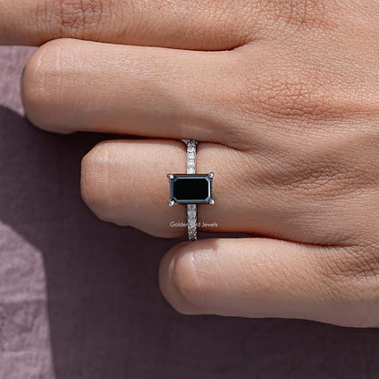 Black Emerald Cut Moissanite Gemstone Accent Ring