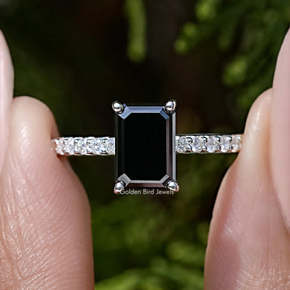 Black Emerald Cut Moissanite Gemstone Accent Ring
