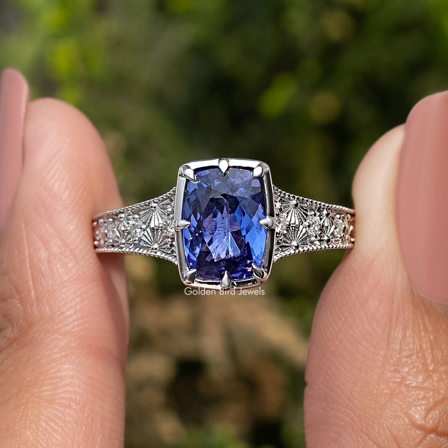 Blue Cushion Cut Gemstone Accent Ring