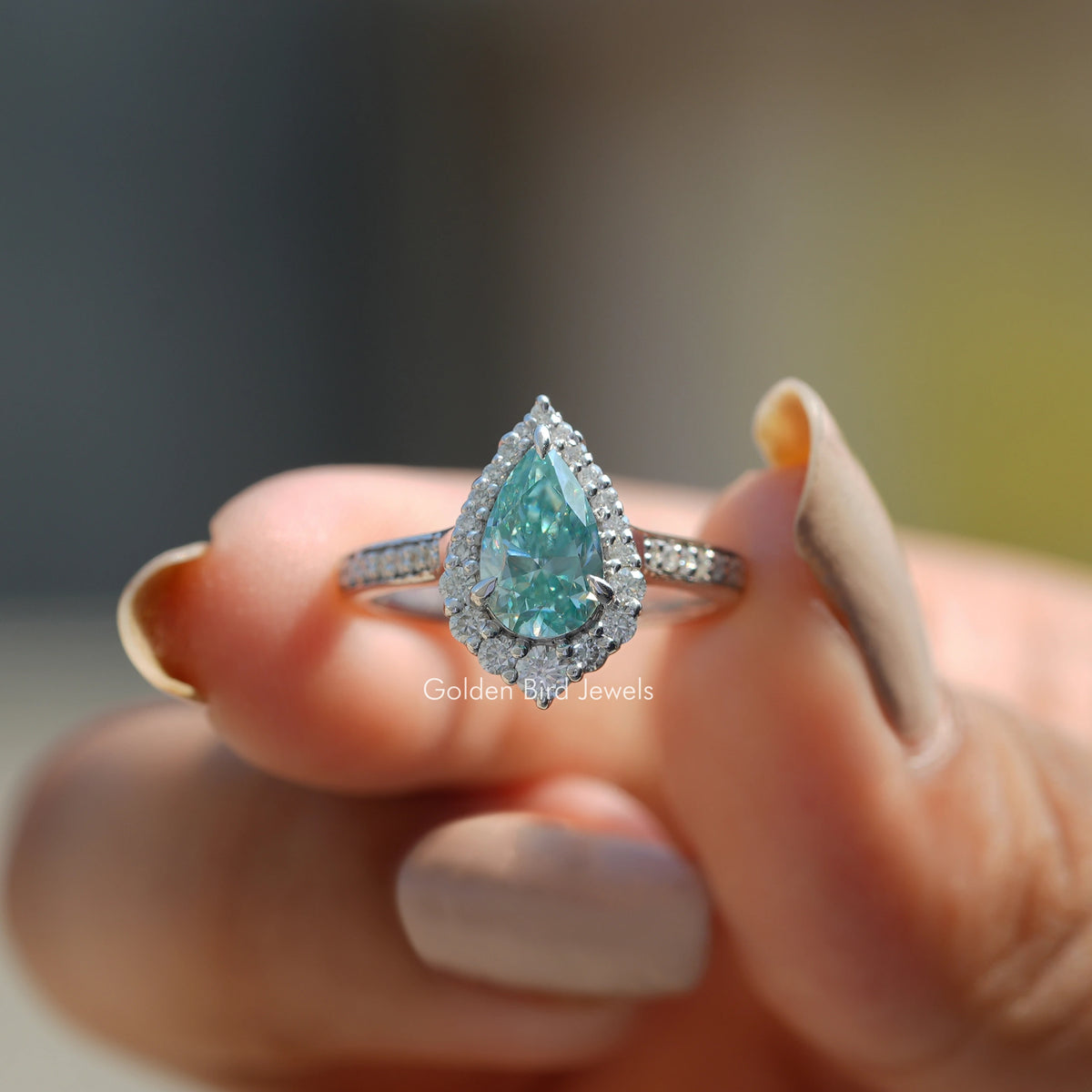 Pear Cut Moissanite Halo Solitaire Accent Ring