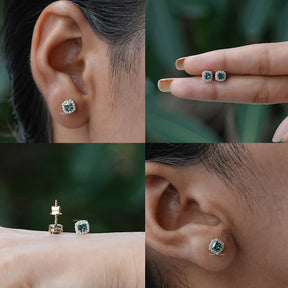 Front , back , ear and finger view of moissanite stud earrings 