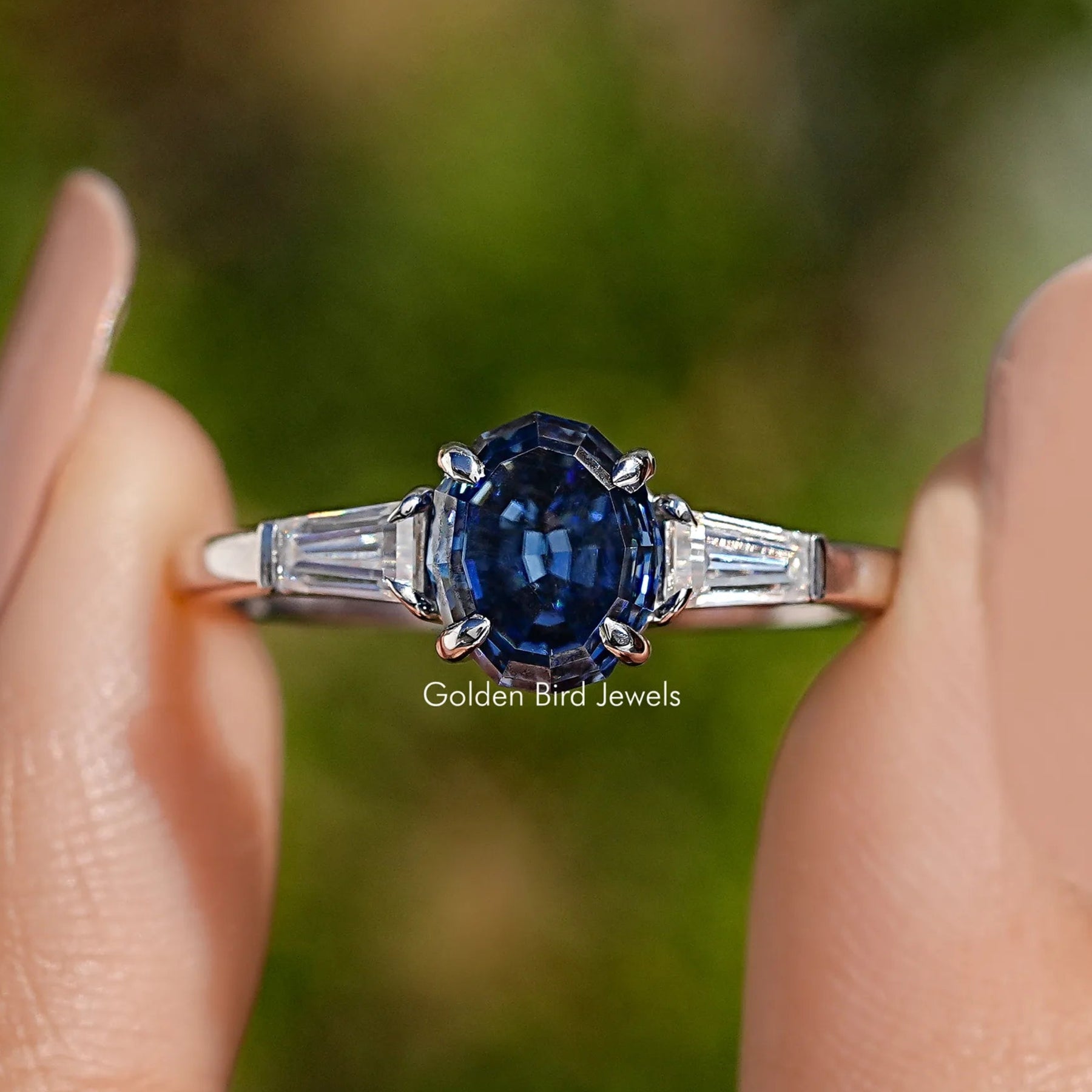 Blue Step Cut Oval Moissanite Three Stone Ring