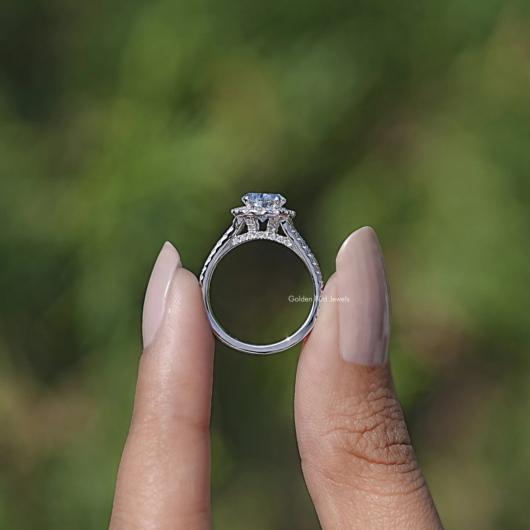 Back view of Halo Diamond Split Shank Engagement Ring in secure setting 