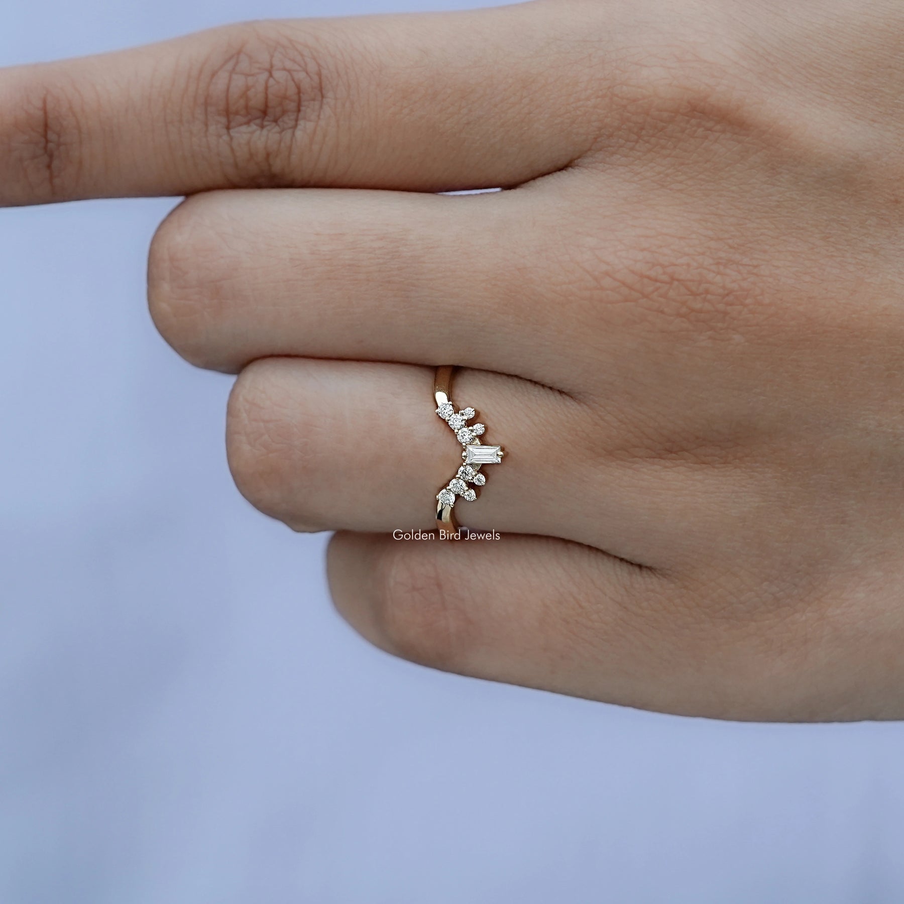 In front finger View Of Round Moissanite Solitaire Ring