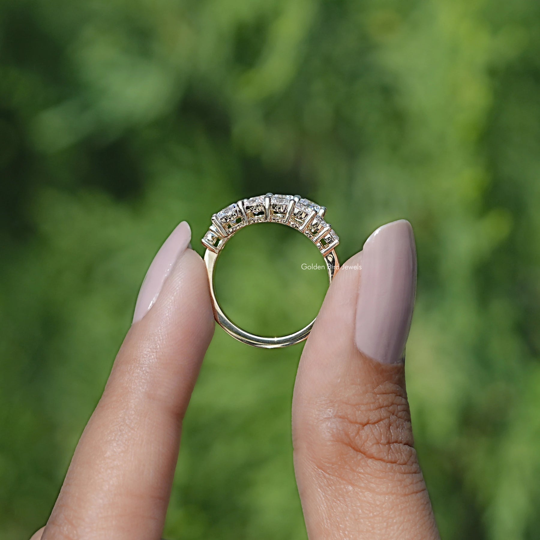 Back view of Lab Diamond Bypass Wedding Band  in secure setting 