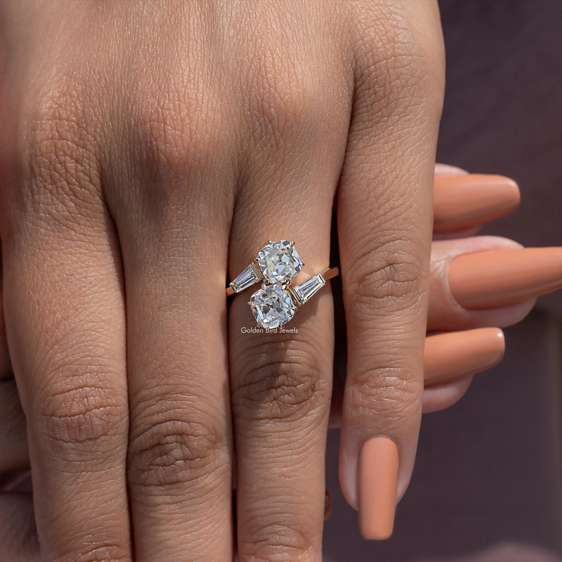 2 stone Old Mine Cushion Bypass Engagement Ring