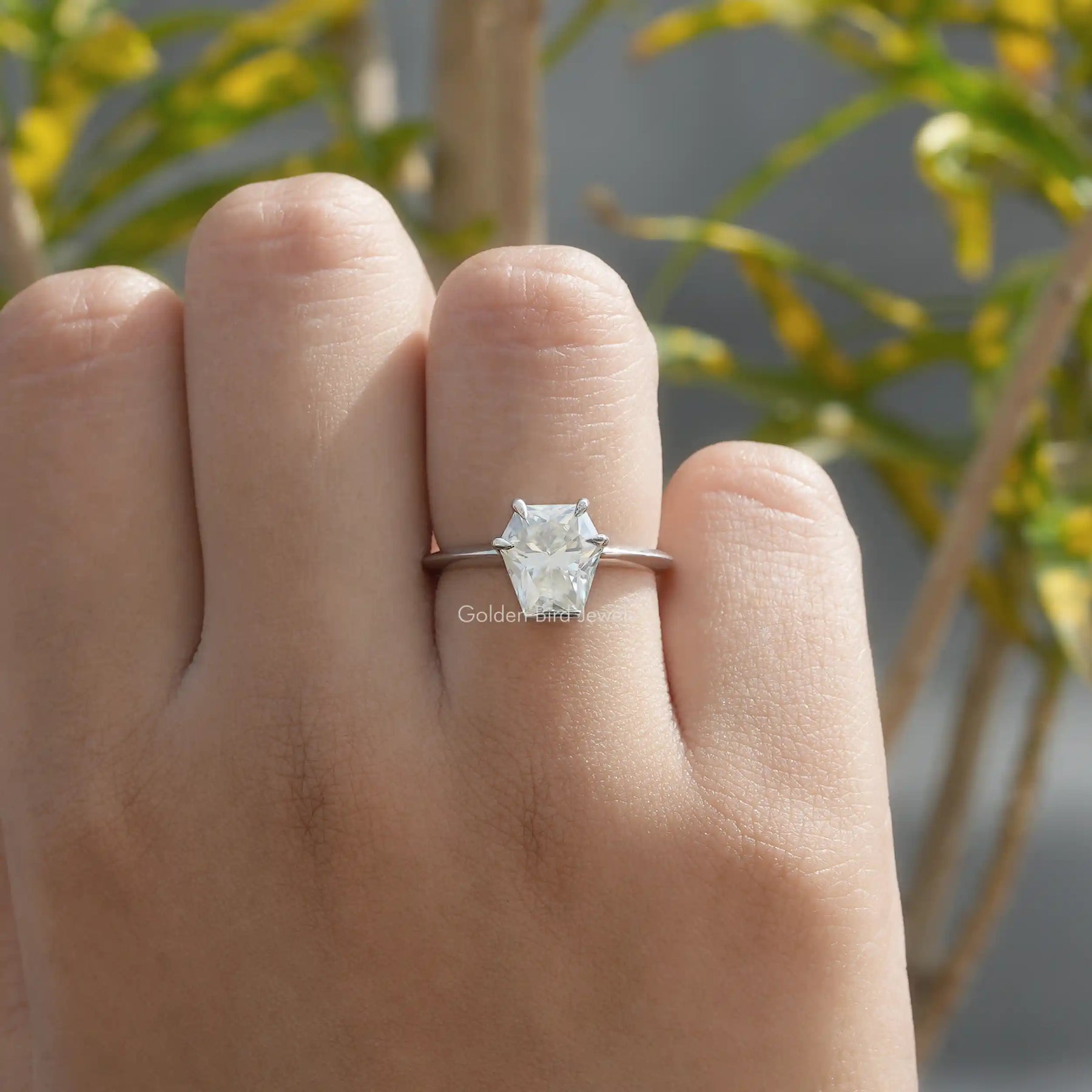 Close-Up View of Calf's Head Cut Moissanite Solitaire Ring