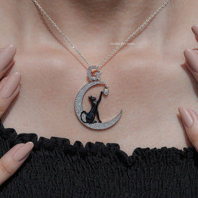Round Cut Cat And Moon Moissanite Pendant