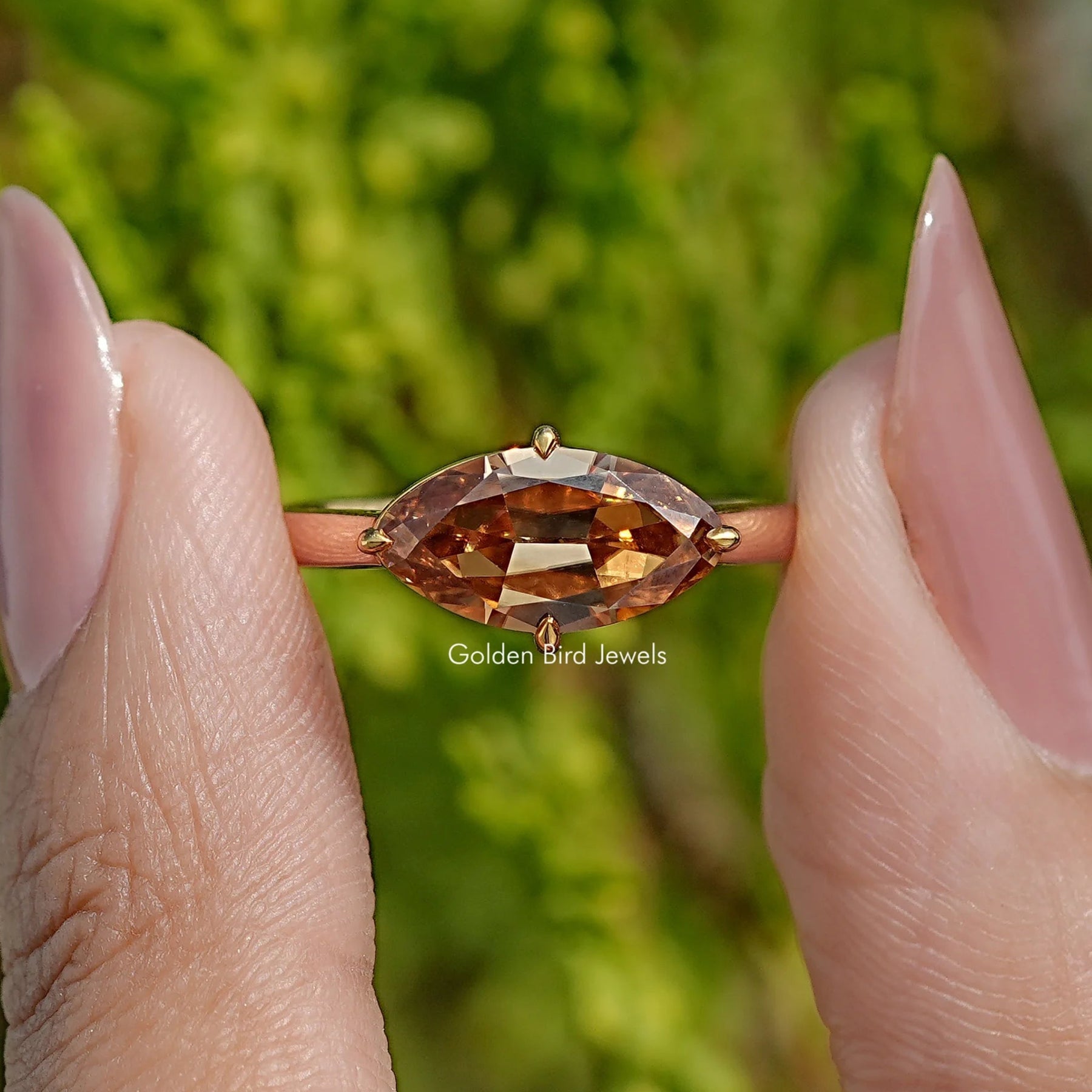 Champagne East West Old Mine Moval Moissanite Ring