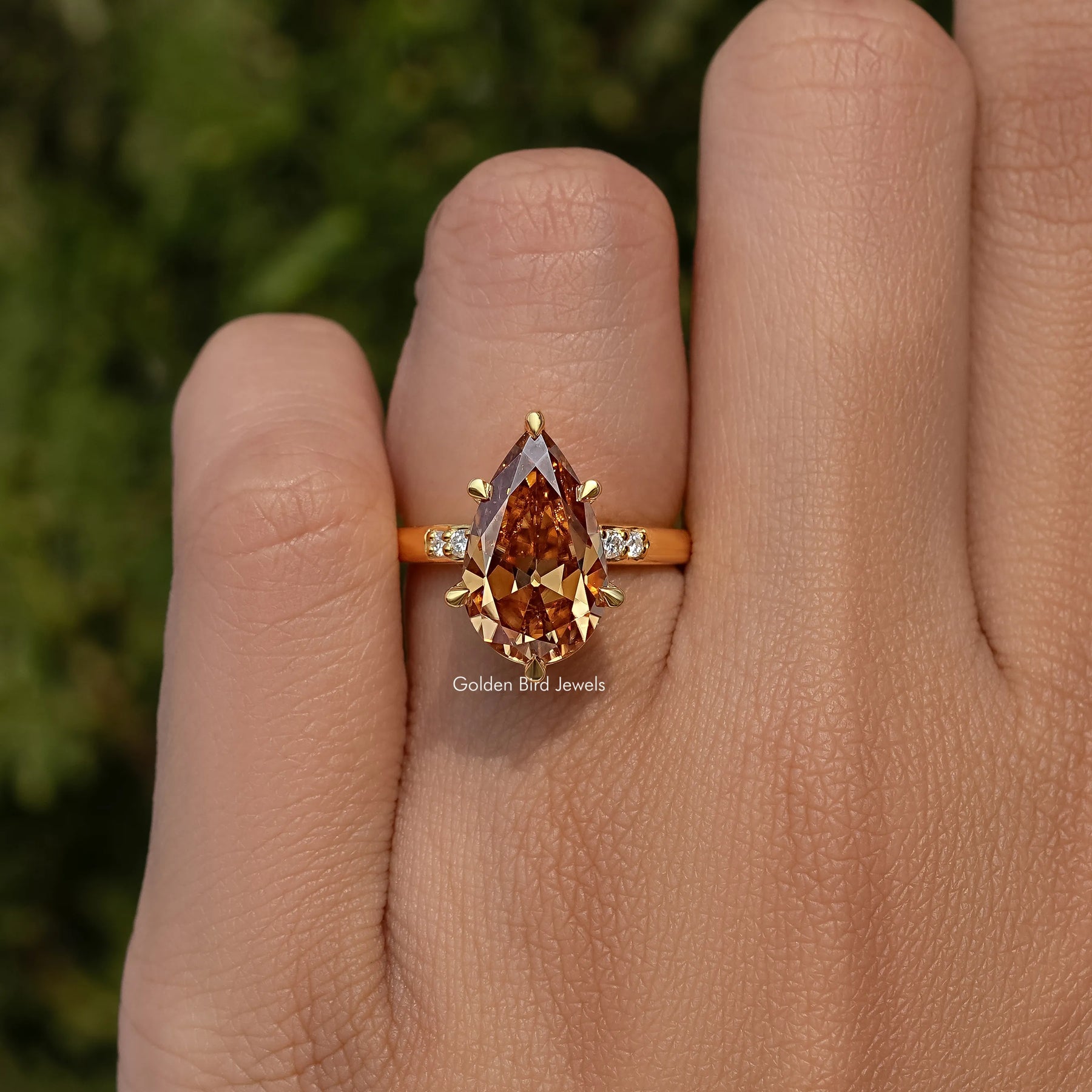 Old Mine Cut Pear Champagne Accent Set Engagement Ring