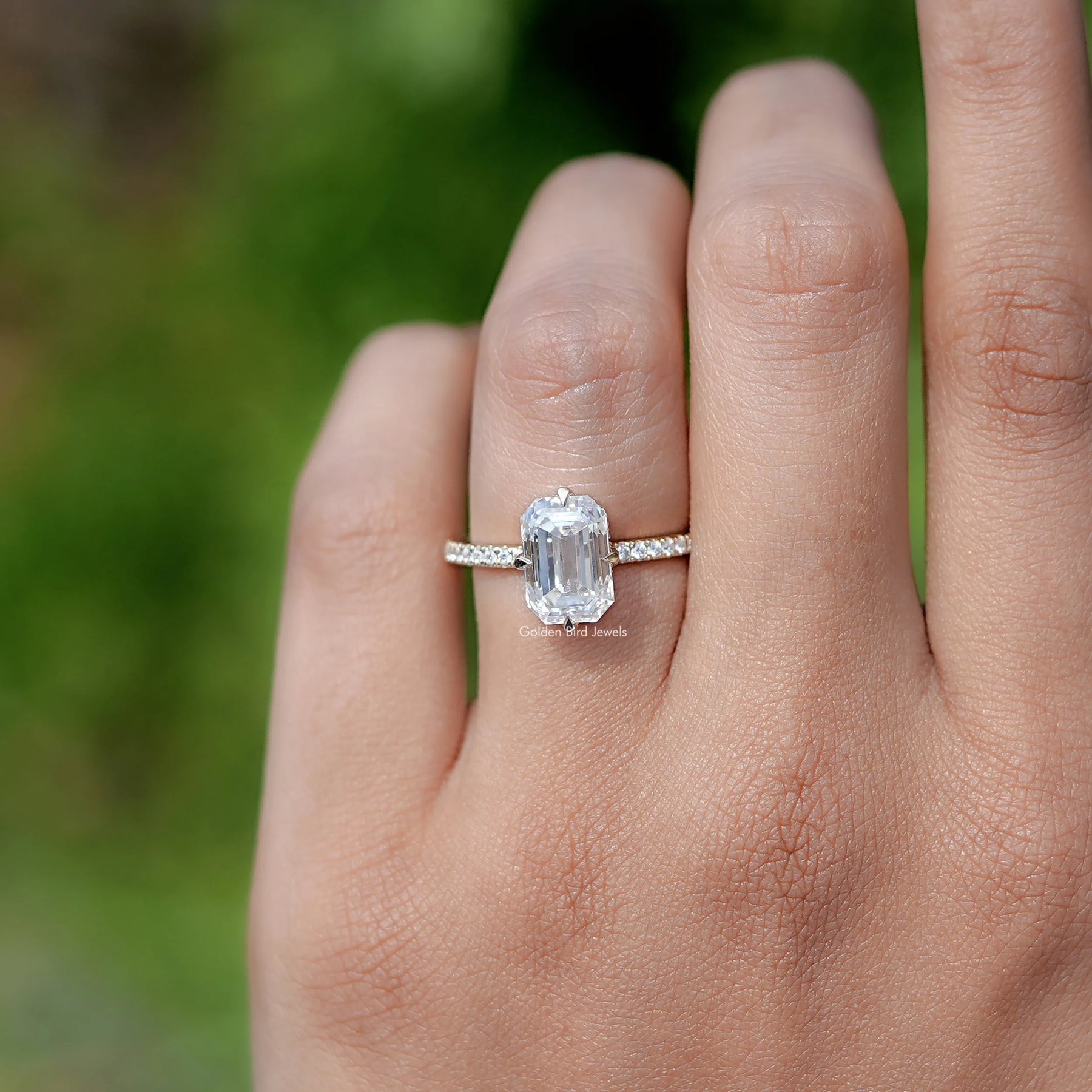 In finger Emerald Cut Moissanite Engagement Ring
