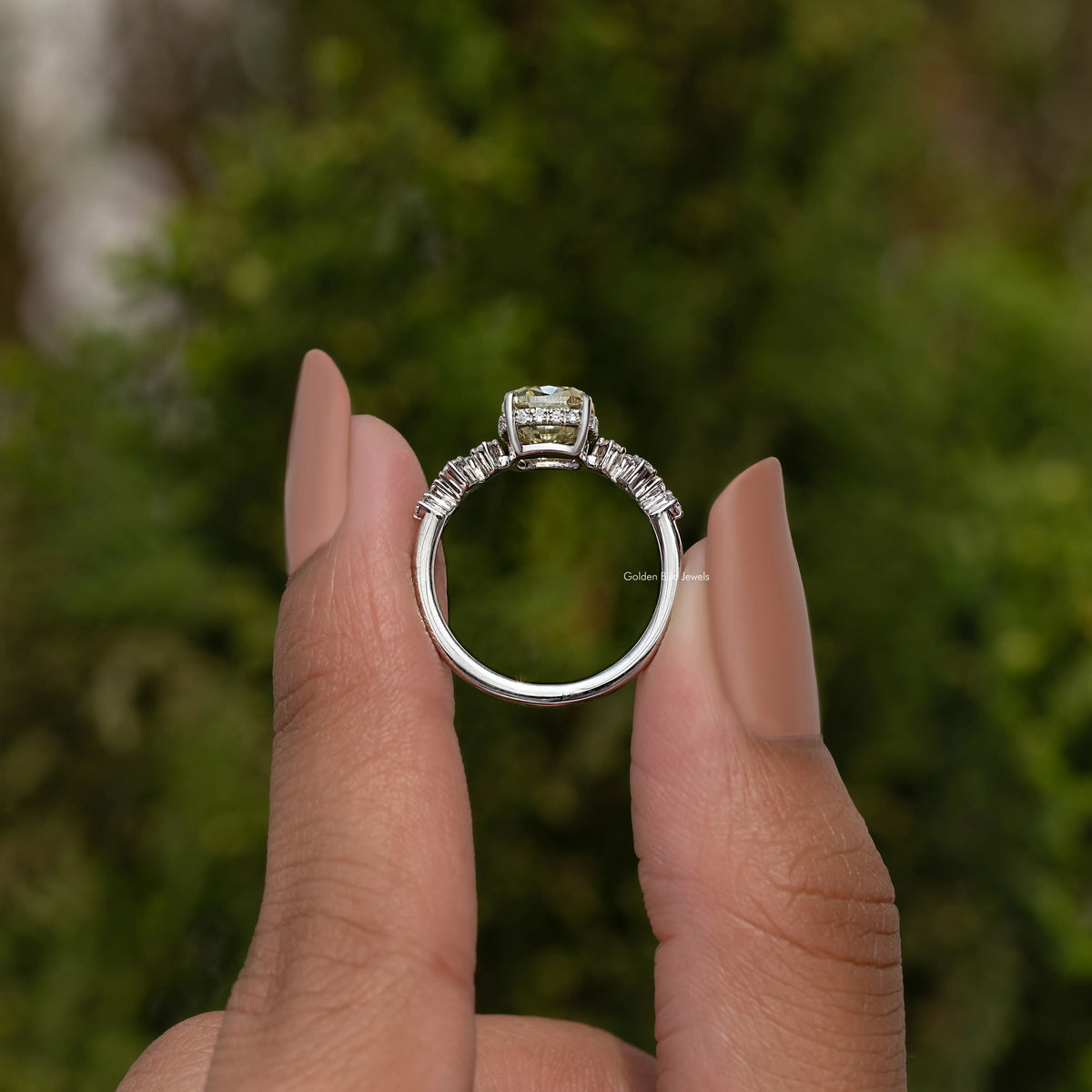 Old Mine cushion moissanite cluster engagement ring in silver, side view