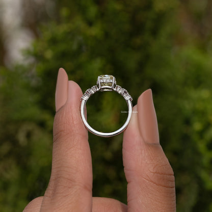 Old Mine cushion moissanite cluster engagement ring in silver, side view