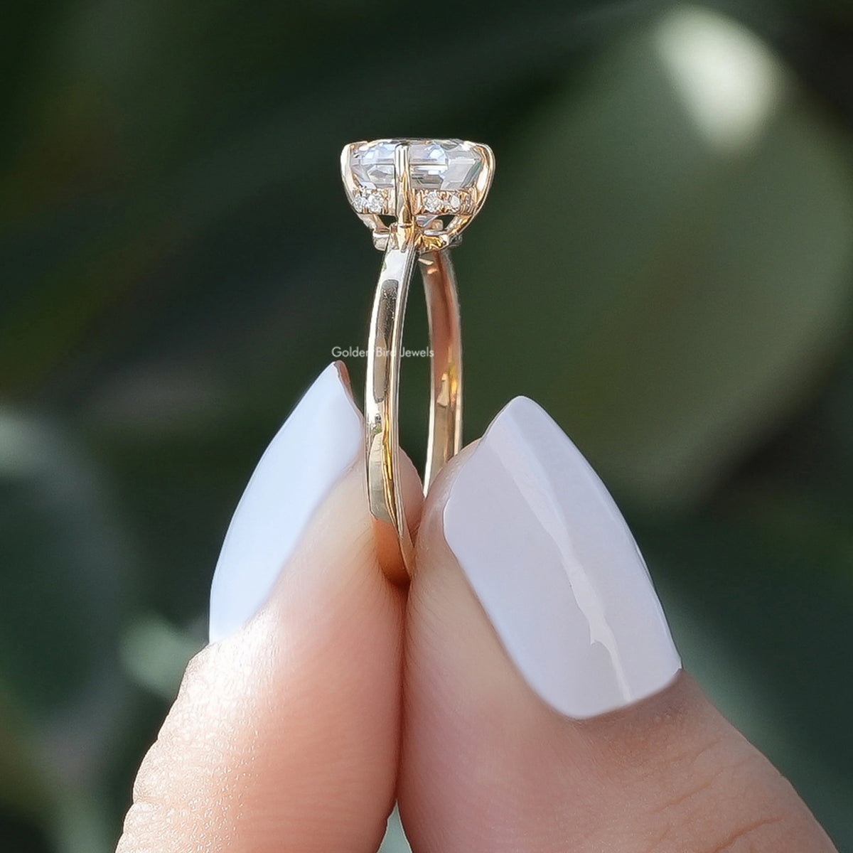 Side View of Asscher Cut Moissanite Engagement Ring In finger