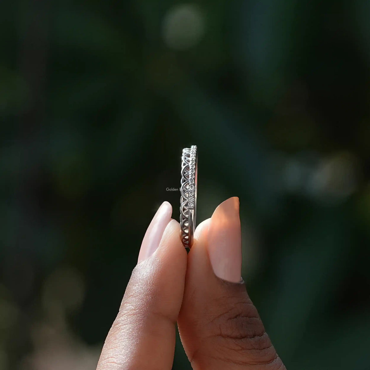 [14K White Gold Round Cut Stacking Band]-[Golden Bird Jewels]