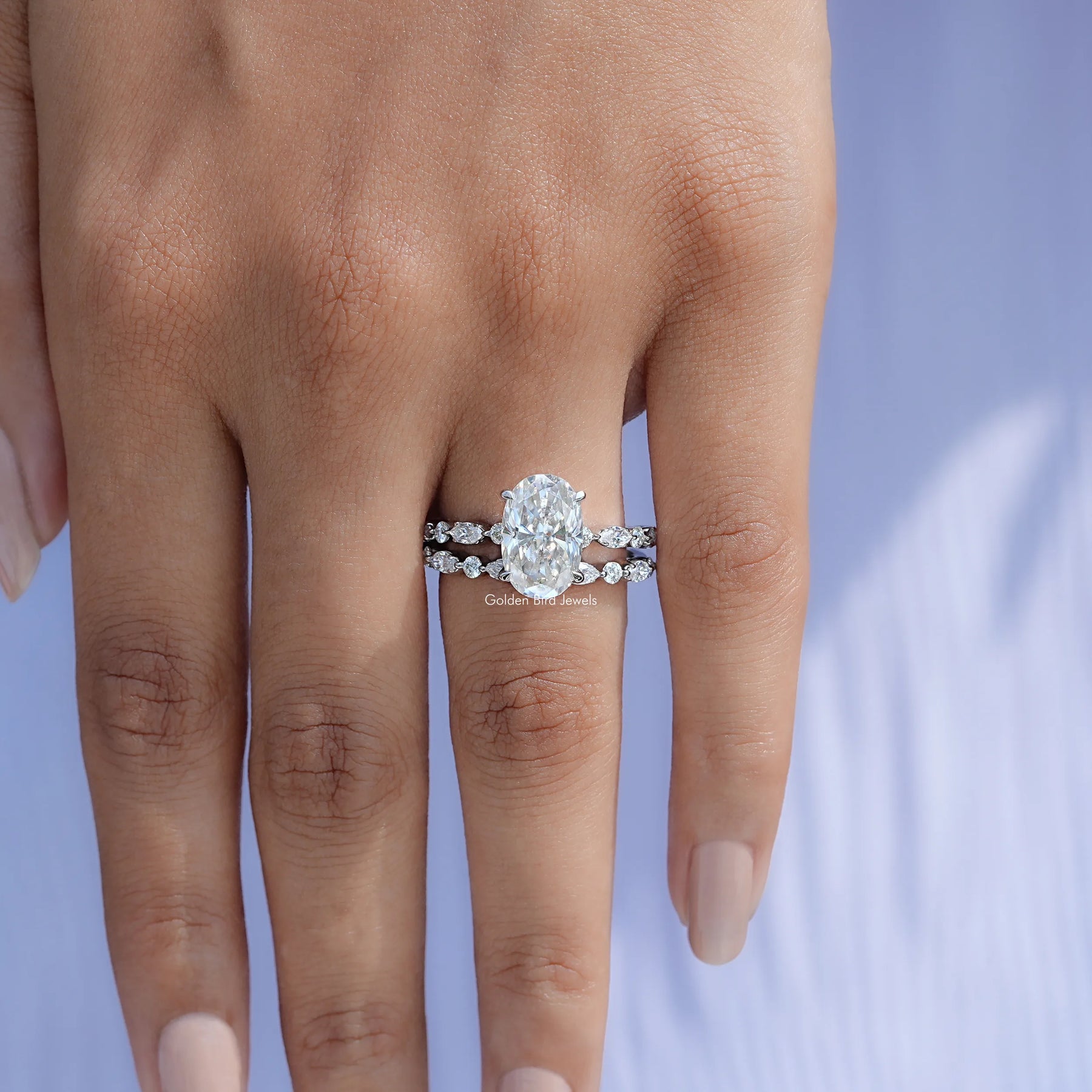 Top view of Crushed ice Oval Cut moissanite Bridal Set ring for women 's wear
